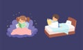 Cute Little Boy and Girl on Soft Cloud and Bed at Night and Reading Bedtime Story Vector Set Royalty Free Stock Photo