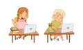 Cute little boy and girl studying online at home. Online education and e-learning cartoon vector illustration Royalty Free Stock Photo