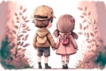 Cute little boy and girl walking in the park. Back view, digital kids