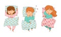 Cute little boy and girls sleeping in their beds cartoon vector illustration