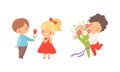 Cute Little Boy Giving Flowers to Girl Expressing Congratulations Vector Set Royalty Free Stock Photo