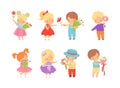 Cute Little Boy Giving Flowers to Girl Expressing Congratulations Vector Set Royalty Free Stock Photo