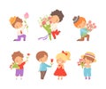 Cute Little Boy Giving Flowers to Girl Expressing Congratulations Vector Set Royalty Free Stock Photo
