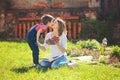 Cute little boy, giving present to his mom for Mothers day in th Royalty Free Stock Photo