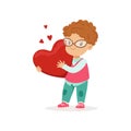 Cute little boy in glasses holding red heart, Happy Valentines Day concept, love and relationships vector Illustration Royalty Free Stock Photo