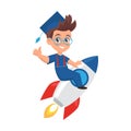 Cute little boy in graduation cap. Schoolboy riding a rocket. Illustration Mascot for school, education and development