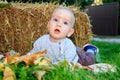 Cute little boy having enjoying countryside in autumn garden around fall leaves. A nine-month-old boy with blond hair and blue Royalty Free Stock Photo