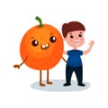 Cute little boy having fun with smiling giant orange fruit character, best friends, healthy food for kids cartoon vector