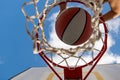 Cute little boy holding a basket ball trying make a score. View of flying ball to basket from top, kid play basketball