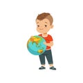 Cute little boy holding globe, kid protecting Earth planet vector Illustration on a white background Royalty Free Stock Photo