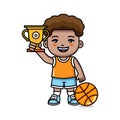 cute little boy holding gold trophy cartoon with basketball ball Royalty Free Stock Photo