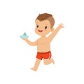 Cute little boy holding paper boat, kid playing at the beach, happy infants outdoor activity on summer vacations vector Royalty Free Stock Photo