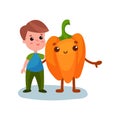 Cute little boy hugging giant pepper vegetable character, best friends, healthy food for kids cartoon vector