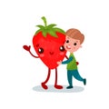 Cute little boy hugging giant strawberry character, best friends, healthy food for kids cartoon vector Illustration