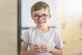 Cute little boy in the kitchen drinking milk in front of Fridge Royalty Free Stock Photo