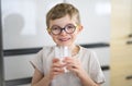 Cute little boy in the kitchen drinking milk in front of Fridge Royalty Free Stock Photo