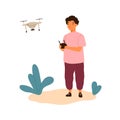 Cute little boy launching drone outdoor vector flat illustration. Smiling guy holding remote control of quadcopter Royalty Free Stock Photo