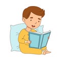 Cute Little Boy Leaning on Pillow Reading Bedtime Story Vector Illustration Royalty Free Stock Photo