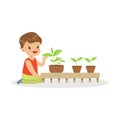 Cute little boy learning about plants during lesson of botany in kindergarten cartoon vector Illustration