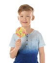 Cute little boy with lollipop on white background Royalty Free Stock Photo