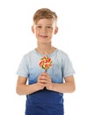 Cute little boy with lollipop on white background Royalty Free Stock Photo