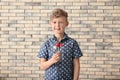 Cute little boy with lollipops near brick wall Royalty Free Stock Photo