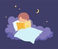 Cute Little Boy Lying on a Cloud under the Blanket and Reading a Book Vector Illustration