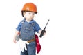 Cute little boy in an orange helmet and tools Royalty Free Stock Photo