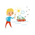 Cute little boy painting ship with color paints and brush on the wall, young artist, kids activity routine vector Royalty Free Stock Photo