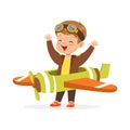 Cute little boy in pilot costume playing toy plane, kid dreaming of piloting the plane vector Illustration Royalty Free Stock Photo