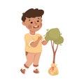 Cute Little Boy with Plant Sapling Caring About Earth Planet Saving World Vector Illustration