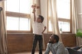 Cute little boy play with wooden plane with dad Royalty Free Stock Photo