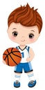 Cute Little Boy Playing Basketball. Vector Little Basketball Player