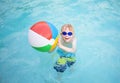 Cute little boy playing with Beach ball in a swimming pool Royalty Free Stock Photo