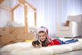 Cute little boy playing with binoculars and cardboard airplane Royalty Free Stock Photo