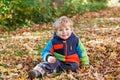 Cute little boy playing with maple leaves outdoors. Happy child walking in autumn park. Toddler baby boy wears trendy Royalty Free Stock Photo