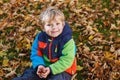 Cute little boy playing with maple leaves outdoors. Happy child walking in autumn park. Toddler baby boy wears trendy Royalty Free Stock Photo