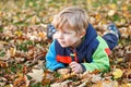 Cute little boy playing with maple leaves outdoors. Happy child walking in autumn park. Toddler baby boy wears trendy Royalty Free Stock Photo