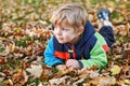 Cute little boy playing with maple leaves outdoors. Happy child walking in autumn park. Toddler baby boy wears trendy Royalty Free Stock Photo