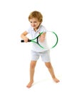 Cute little boy playing tennis. Studio portrait. Royalty Free Stock Photo