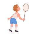 Cute little boy playing tennis. Happy child beating tennis ball with racket playing sports game cartoon vector Royalty Free Stock Photo