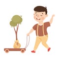 Cute Little Boy Pulling Trolley with Tree Sapling Caring About Earth Planet Saving World Vector Illustration