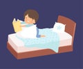 Cute Little Boy Reading a Bedtime Story in the Bed at Night Vector Illustration Royalty Free Stock Photo