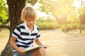 Cute little boy reading book near tree in park Royalty Free Stock Photo