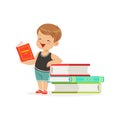 Cute little boy reading a book next to a pile of books, kid enjoying reading, colorful character vector Illustration Royalty Free Stock Photo