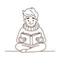 Cute little boy reading a book while sitting on the floor. Line icon. Vector illustration. Royalty Free Stock Photo