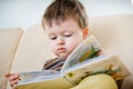 Cute little boy reading book on sofa Royalty Free Stock Photo