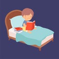 Cute Little Boy Reading Books in the Bed at Night Vector Illustration Royalty Free Stock Photo