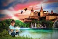 Cute little boy reading magic book near lake and castle on background Royalty Free Stock Photo