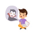 Cute little boy reading a scary book about vampires, kids fabulous imagination concept vector Illustration on a white